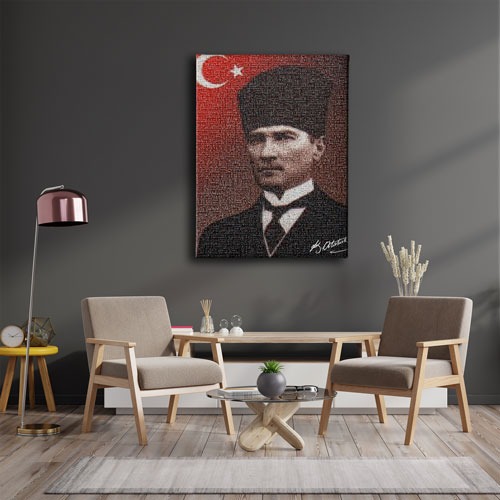 Türk Bayraklı - İmzalı Atatürk Portresi Kanvas Tablo